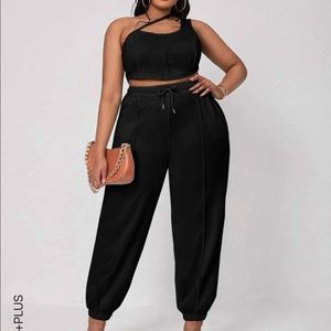 One shoulder curved hem crop top & Drawstring waist sweatpants